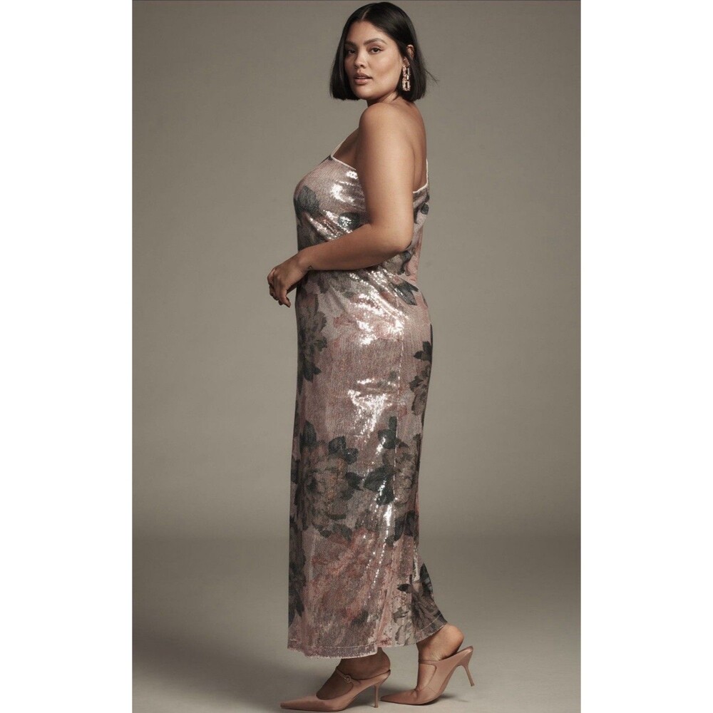 Anthropologie Porridge Maxi Dress Pink Sequin One Shoulder Preppy Size 2X NWT